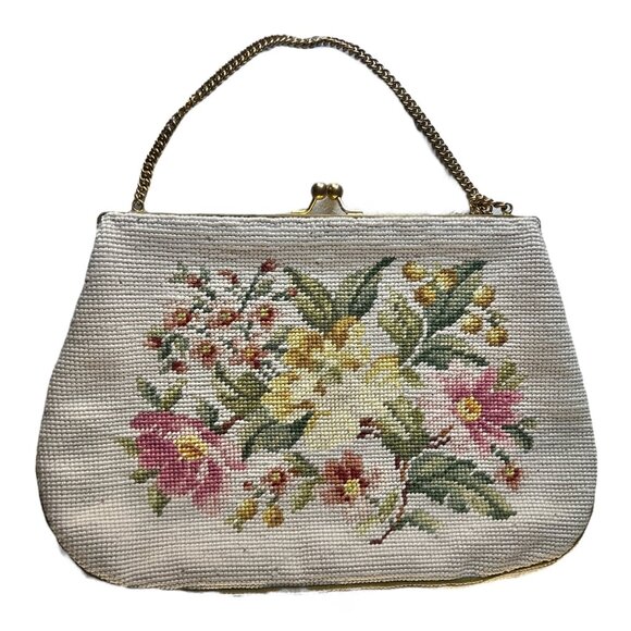Vintage Needlepoint Floral Handbag Chain Handle Satin Lining - Picture 1 of 16